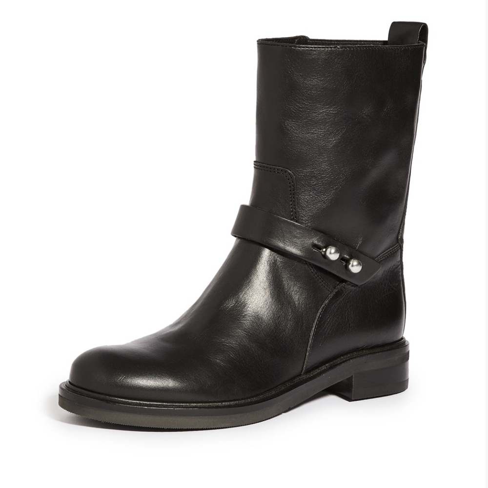 Rag & Bone Slayton moto boot. Black Leather Mid-Calf Boots with Silver Details
